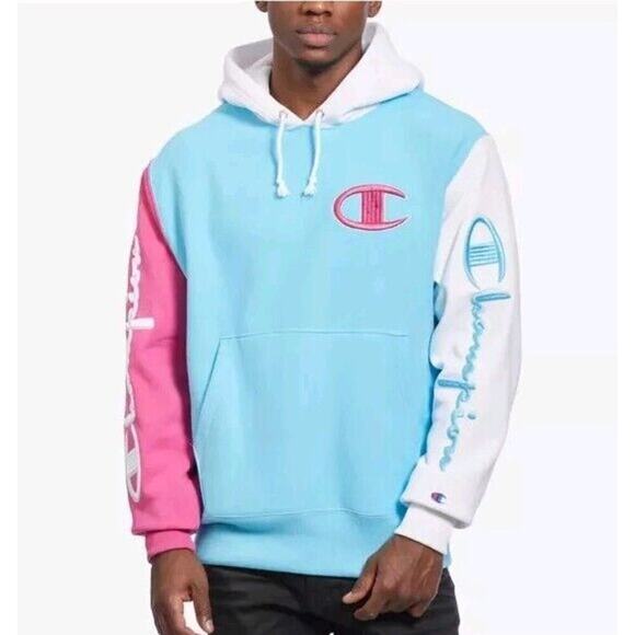 Champion Other - Champion Men Reverse Weave Color Block Hoodie MED Pink Blue White Bold Spell Out
